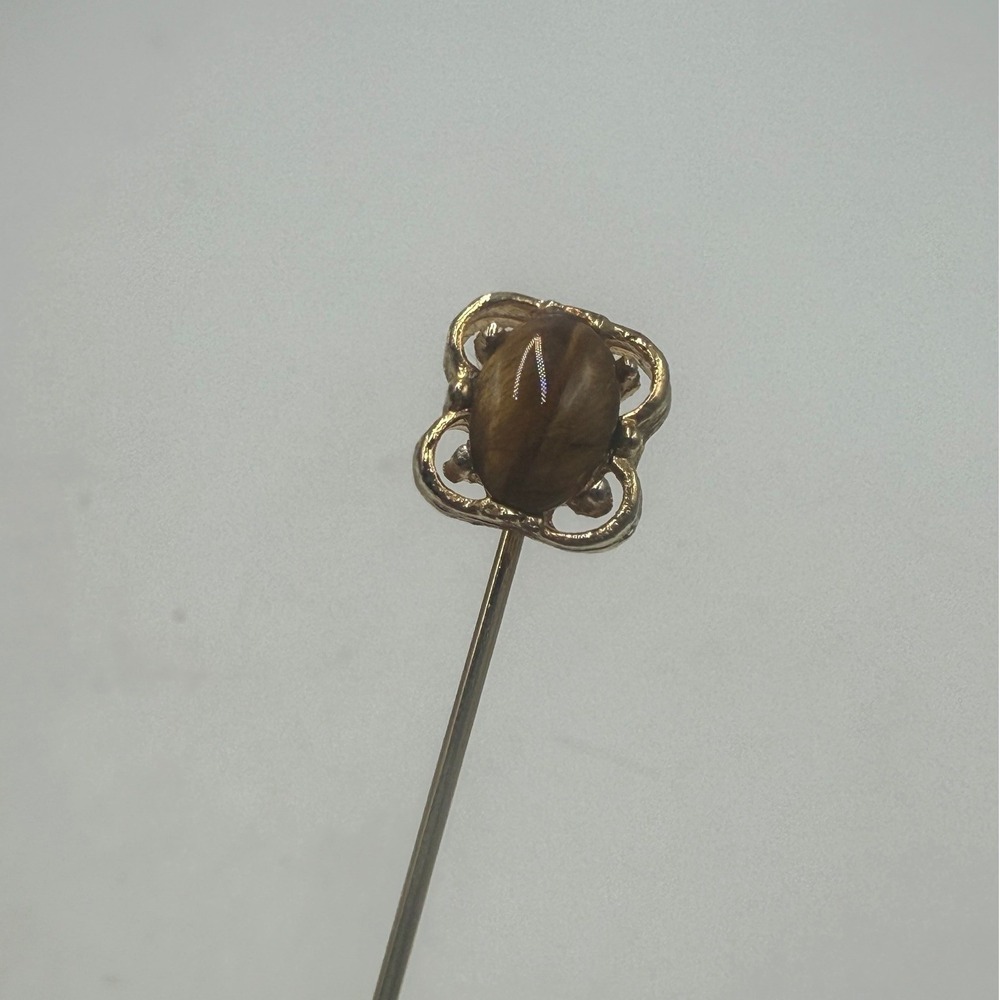 Vintage Gold Tone Tiger's Eye Cabochon Stick Pin Ornate Filigree Lapel Hat Pin